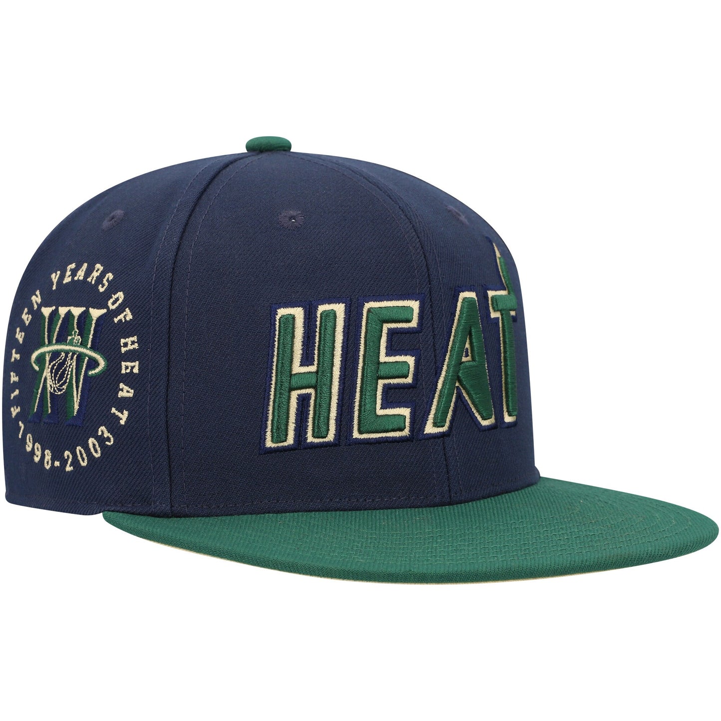 Miami Heat Mitchell & Ness 15th Anniversary Hardwood Classics Grassland Fitted Hat - Navy/Green